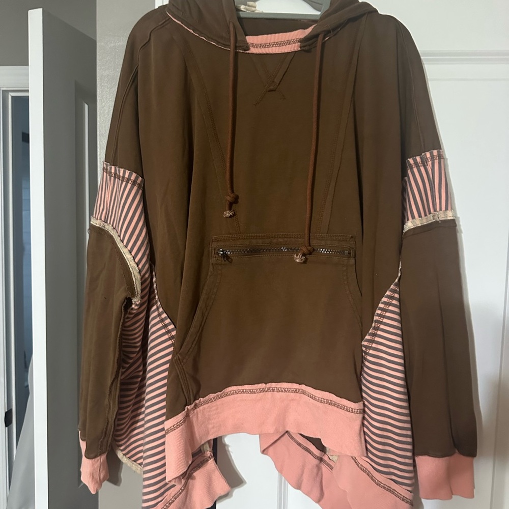 Brown & peach Striped asymmetrical top with hood